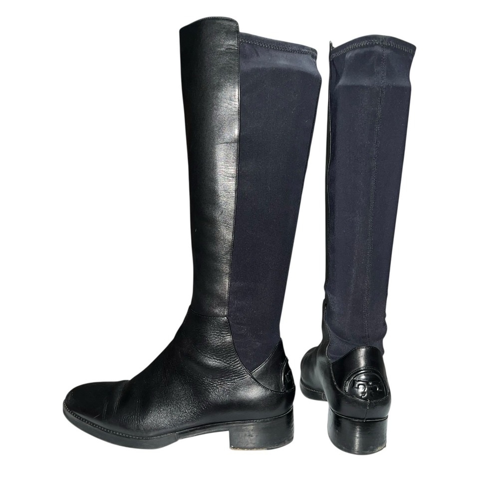 Tory Burch Womens 9.5 Caitlin Riding Boots Knee High Leather Black Logo Pull On